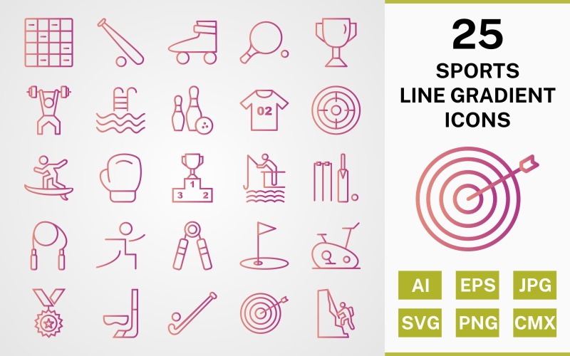 Download Набор иконок "25 SPORTS AND GAMES LINE GRADIENT PACK Icon Set" / 25 SPORTS AND GAMES LINE GRADIENT PACK Icon Set - Набор иконок на тему sports icon,icons,linear,set,file,line,vector,sign,symbol,pictogram,gradient,sports,games,chess,goal,yoga,bowling,boxing,bullseye,hockey