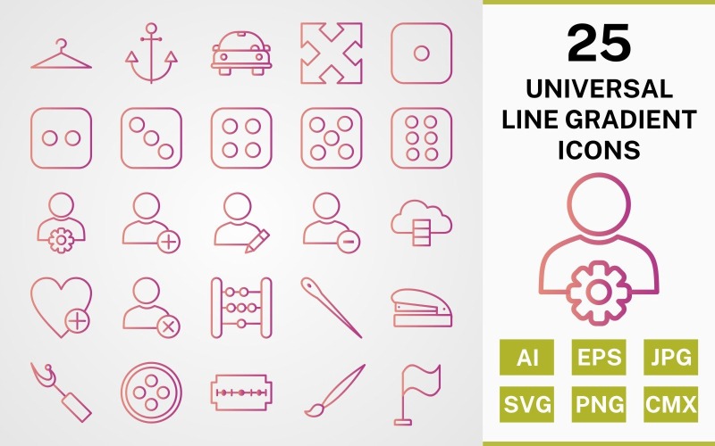 Download Набор иконок "25 UNIVERSAL LINE GRADIENT PACK Icon Set" / 25 UNIVERSAL LINE GRADIENT PACK Icon Set - Набор иконок set,file,icon,icons,line,round,vector,sign,symbol,pictogram,gradient,universal,hanger,dice six,flag,needle,edit profile,staper,button,blade