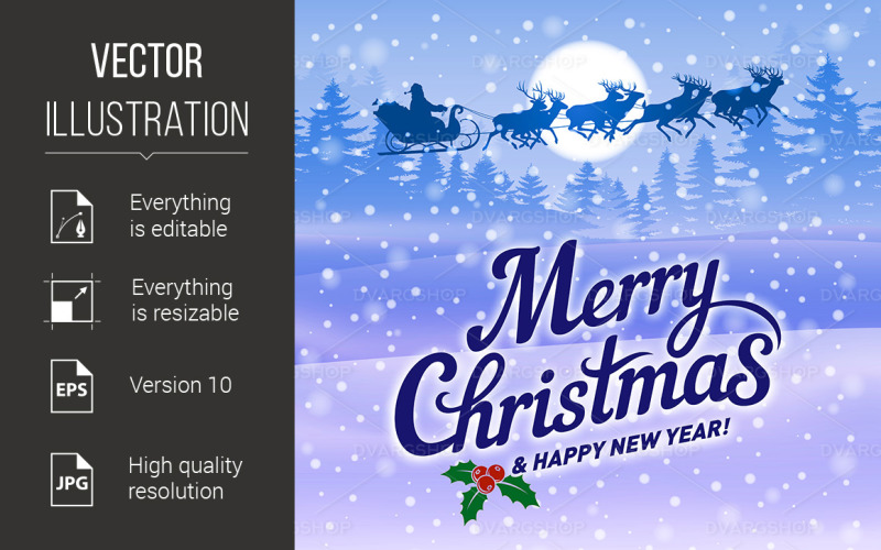 Download Vector "Christmas Greeting Card - Vector Image" / Christmas Greeting Card - Vector Image - Vector на тему графика christmas,merry,blue,greeting,santa,card,deer,snow,sledge,window,holiday,season,morning,sky,xmas,logo,seasonal,silhouette,celebration,forest