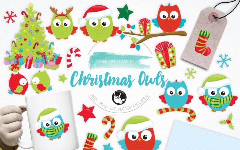 Download Vector "Christmas Owls Illustration Pack - Vector Image" / Christmas Owls Illustration Pack - Vector Image - Vector на тему графика christmas,illustration,vector,graphics,clipart,holiday,clip art,icon,gifts,eps,socks,candy cane,prettygrafik,christmas owls,owls