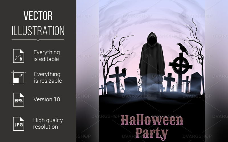 Download Vector "Halloween Party Illustration - Vector Image" / Halloween Party Illustration - Vector Image - Vector на тему графика party,scyman,halloween,silhouette,illustration,sky,scary,black,gray,sting,ancient,necropolis,crosses,funeral,crow,trees,background,cross,gravestone,fog