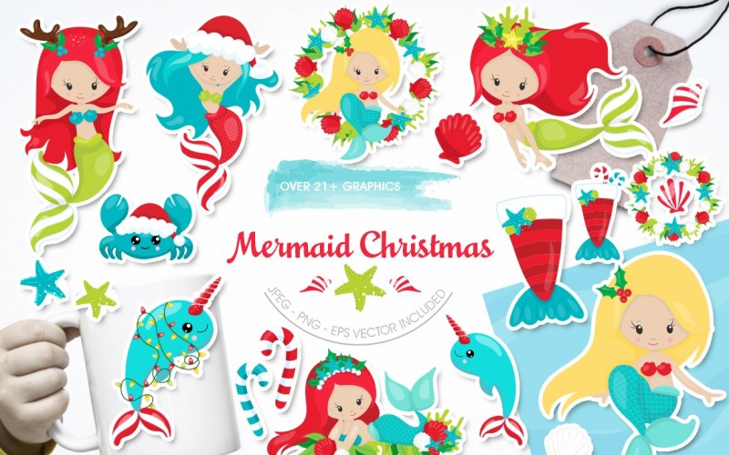 Mermaid Christmas - Vektör Görüntü