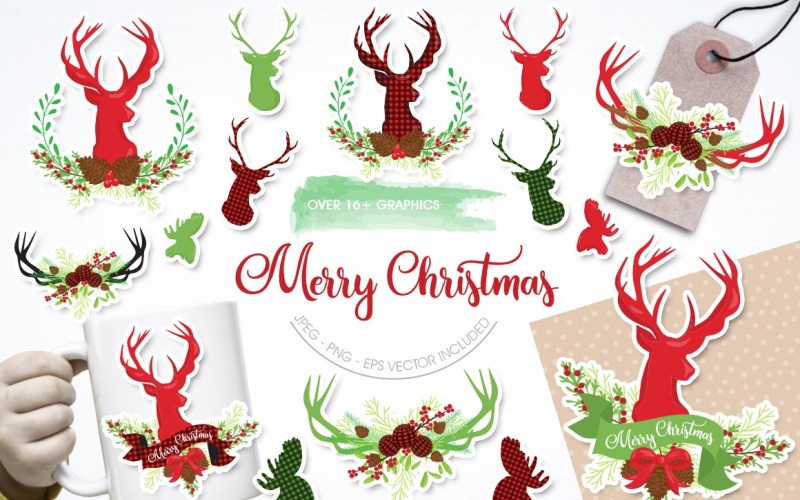 Download Vector "Merry Christmas - Vector Image" / Merry Christmas - Vector Image - Vector на тему графика scrapbook,scrapbooking,clipart,clip art,deer,prettygrafik,vector art,holiday clipart,christmas bouquets,buffalo plaid,christmas berries,christmas antlers,vintage christmas