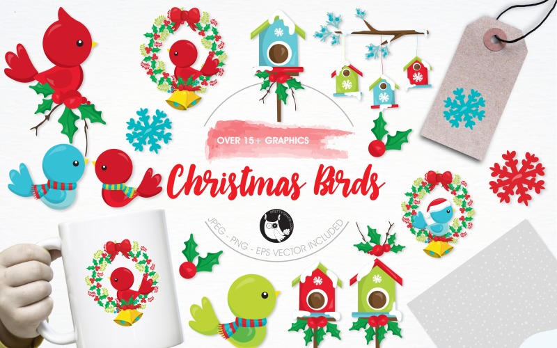 Набор иллюстраций рождественских птиц - векторное изображение