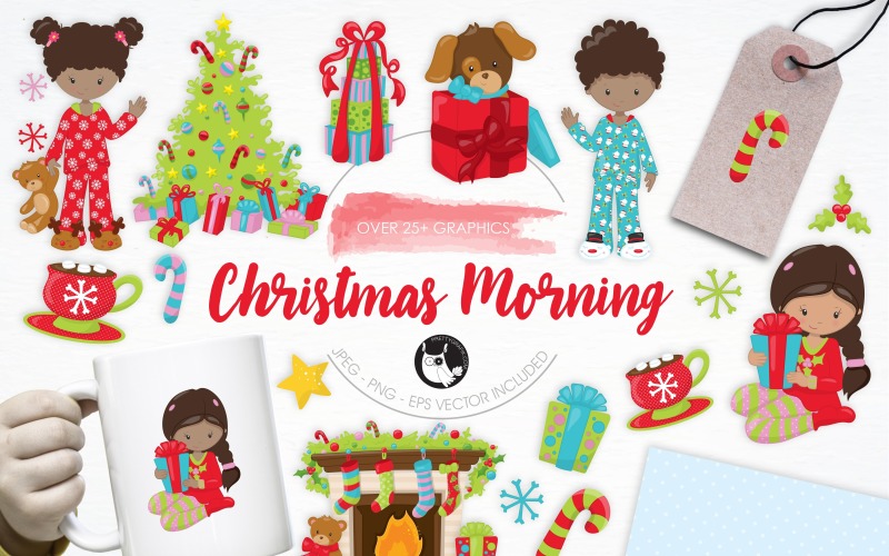 Рождественское утро, набор иллюстраций - векторное изображение