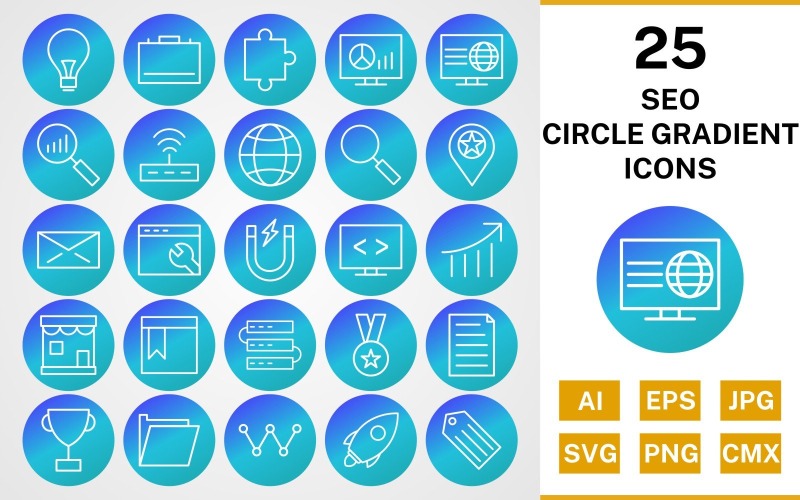Download Набор иконок "25 SEO CIRCLE GRADIENT PACK Icon Set" / 25 SEO CIRCLE GRADIENT PACK Icon Set - Набор иконок на тему business set,file,icon,icons,line,circle,vector,sign,symbol,pictogram,gradient,seo,bulb,search,web,launch,award,servers,webpage,folder