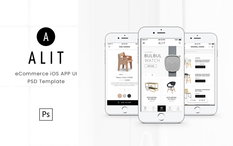Alit - Interface de usuário PSD de comércio eletrônico minimalista para aplicativo iOS