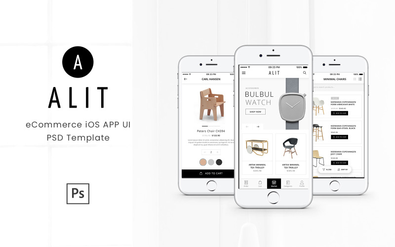 Download UI элементы "Alit - Minimalist eCommerce PSD UI for iOS App " / Alit - Minimalist eCommerce PSD UI for iOS App  - UI элементы на тему графика app,clean,ecommerce,ios,minimalist,mobile,mobile app,online store,product app,psd,template,ui,user interface,white,mobile app design,app design,ecommerce app