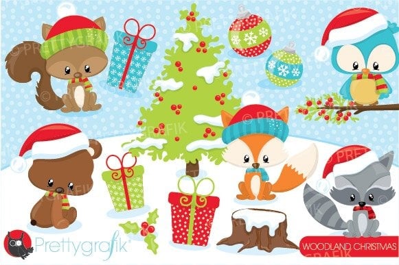 Download Vector "Christmas Woodland Clipart - Vector Image" / Christmas Woodland Clipart - Vector Image - Vector на тему графика christmas,illustration,ornaments,vector,clipart,clip art,forest,christmas tree,mistletoe,bear,owl,presents,fox,woods,raccoon,squirrel