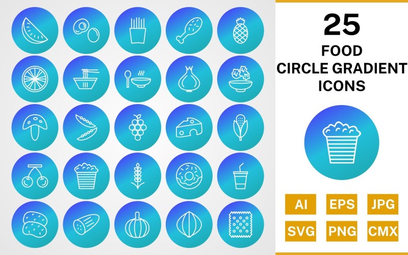 Download Набор иконок "25 Food Circle Gradient Pack Icon Set" / 25 Food Circle Gradient Pack Icon Set - Набор иконок на тему food set,file,icon,icons,line,circle,vector,sign,symbol,pictogram,gradient,food,watermelon,salad,grapes,soup,egg,biscuit,frenchfries,cheese