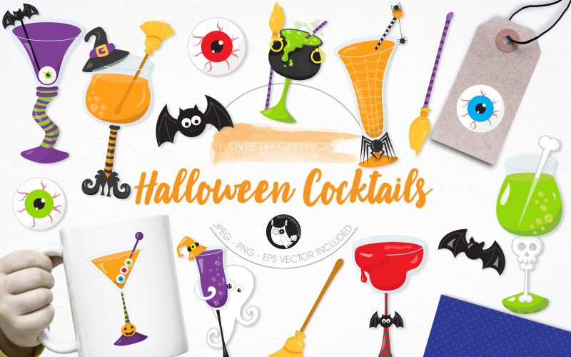 Download Vector "Halloween Cocktail Illustration Pack - Vector Image" / Halloween Cocktail Illustration Pack - Vector Image - Vector на тему графика illustration,vector,graphics,clipart,clip art,ghost,spider,icons,blood,skull,halloween,witch,bat,eyeballs,eps,broom,cauldron,prettygrafik,cocktails