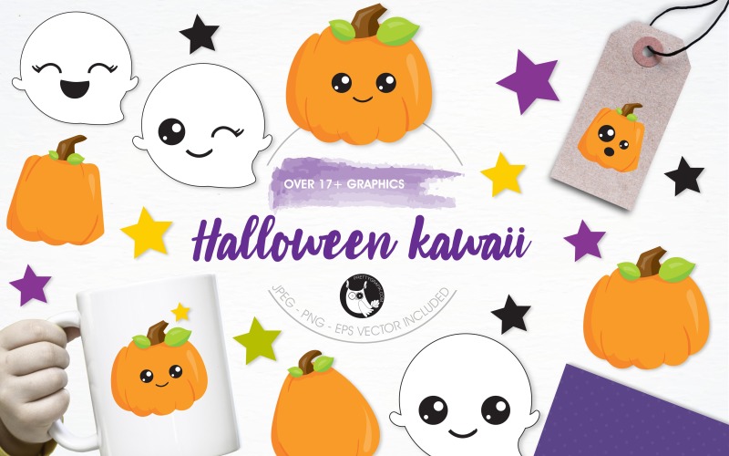 Download Vector "Halloween Kawaii Illustration Pack - Vector Image" / Halloween Kawaii Illustration Pack - Vector Image - Vector на тему графика illustration,vector,graphics,clipart,clip art,icons,halloween,ghosts,pumpkin,kawaii,eps,prettygrafik,jack olantern