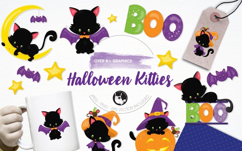 Download Vector "Halloween Kitties Illustration Pack - Vector Image" / Halloween Kitties Illustration Pack - Vector Image - Vector на тему графика illustration,vector,graphics,clipart,moon,clip art,icons,halloween,boo,bat,eps,black cat,prettygrafik,kitties,kitten,witch cat