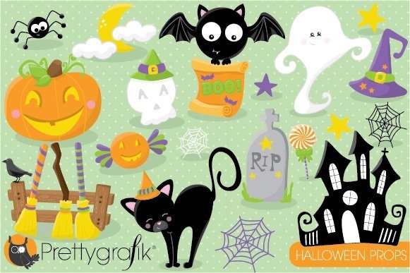 Download Vector "Halloween Props Clipart - Vector Image" / Halloween Props Clipart - Vector Image - Vector на тему графика illustration,vector,clipart,stars,clip art,ghost,skull,halloween,pumpkin,spiderweb,candy,image,bat,witch hat,black cat,broom,haunted house,digital art,scrabooking