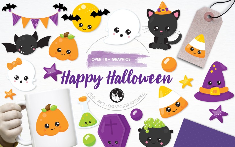 Download Vector "Happy Halloween Illustration Pack - Vector Image" / Happy Halloween Illustration Pack - Vector Image - Vector на тему графика illustration,vector,graphics,clipart,clip art,ghost,icons,halloween,pumpkin,kawaii,cat,bat,eps,candy cane,cauldron,potion,prettygrafik
