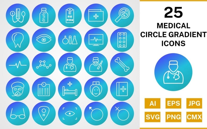 Download Набор иконок "25 Medical Circle Gradient Pack Icon Set" / 25 Medical Circle Gradient Pack Icon Set - Набор иконок на тему medical set,file,icon,icons,line,circle,vector,sign,symbol,pictogram,gradient,medical,doctor,nurse,bed,scan,eye test,bp apparatus,bone,tablets