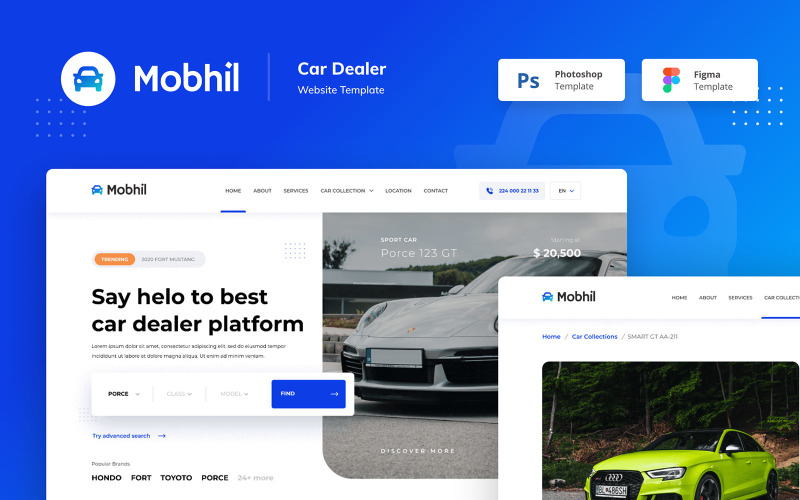 Mobhil - Elementos da interface do usuário do modelo Figma PSD do site do revendedor de automóveis