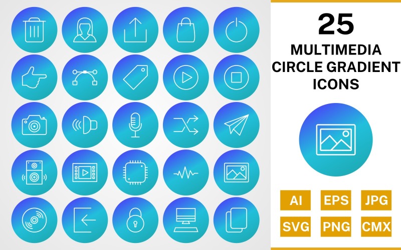 Download Набор иконок "25 Multimedia Circle Gradient Pack Icon Set" / 25 Multimedia Circle Gradient Pack Icon Set - Набор иконок на тему data set,file,icon,icons,line,circle,vector,sign,symbol,pictogram,gradient,multimedia,logout,copy,shuffle,play,stop,upload,speaker,sign in