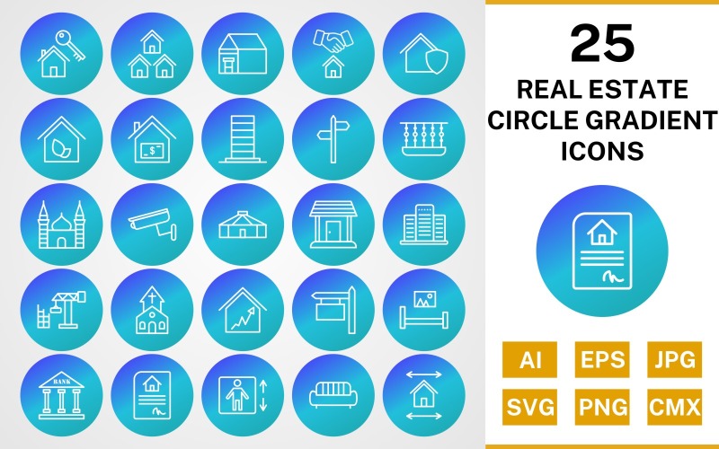 Download Набор иконок "25 Real Estate Circle Gradient Pack Icon Set" / 25 Real Estate Circle Gradient Pack Icon Set - Набор иконок на тему city set,file,icon,icons,line,circle,vector,sign,symbol,pictogram,gradient,real estate,mosque,church,balcony,mansion,eco house,lift,yurt,bank