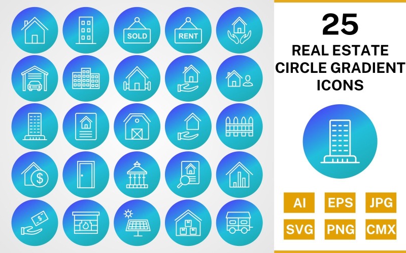 Download Набор иконок "25 Real Estate Circle Gradient Pack Icon Set" / 25 Real Estate Circle Gradient Pack Icon Set - Набор иконок на тему city set,file,icon,icons,line,circle,vector,sign,symbol,pictogram,gradient,real estate,house,garage,building,farm house,loan,agent,flat,mortgage