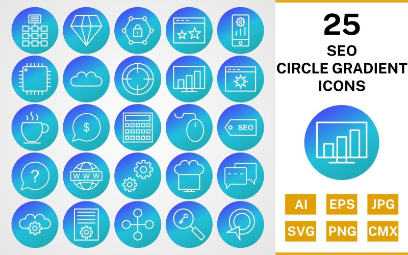 25 Seo Circle Gradient Pack ikonkészlet