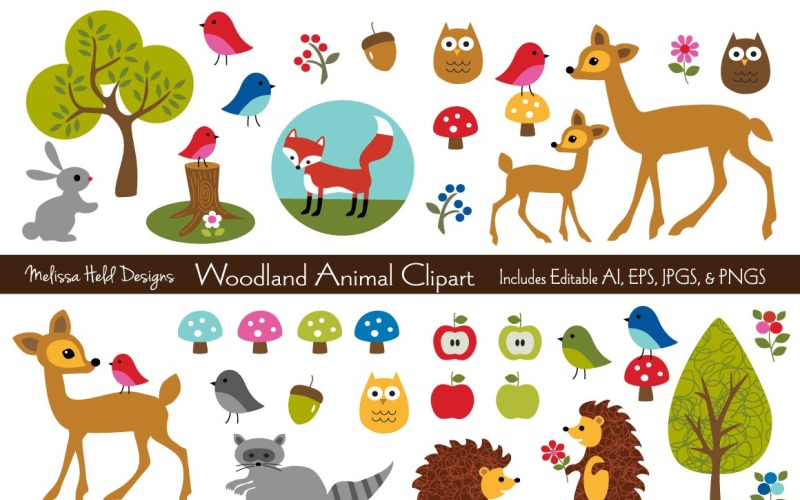 Download Иллюстрация "Woodland Animal Vector Clipart - Illustration" / Woodland Animal Vector Clipart - Illustration - Иллюстрация на тему графика woodland,owls,deer,berries,blue birds,mushrooms,hedgehog,robin,flowers,apples,acorns,bird,animals,fox,tree,nature,raccoon,illustration,clipart,vector
