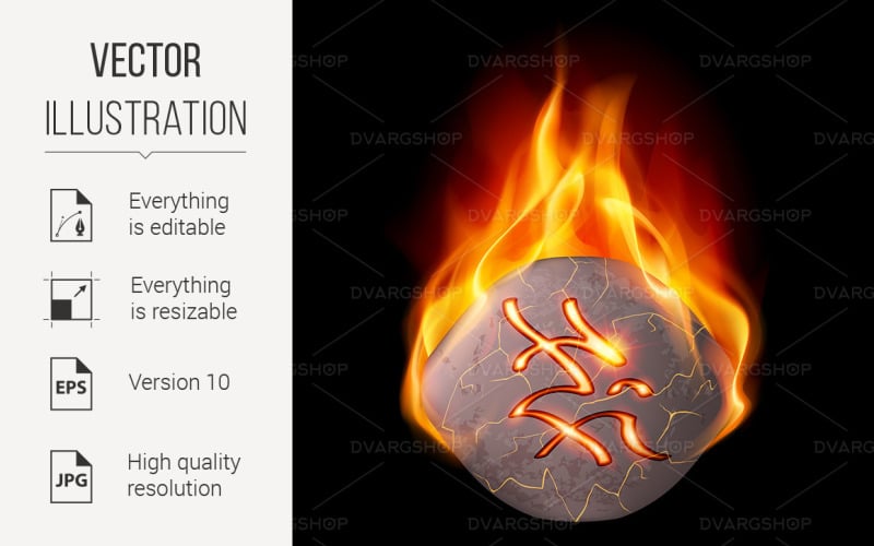 Download Vector "Burning Stone with Magic Rune - Vector Image" / Burning Stone with Magic Rune - Vector Image - Vector на тему графика rune,burning,magic,stone,runes,with,rough,cracked,orange,flame,illustration,radiant,shape,abstract,culture,mineral,symbol,runic,mustery,secret