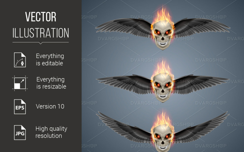 Download Vector "Flaming Mutant Skulls - Vector Image" / Flaming Mutant Skulls - Vector Image - Vector на тему графика mutant,black,with,skulls,wings,flame,skull,dead,beast,grin,hell,head,gothic,terrible,spooky,cruel,ghost,demon,face,culture