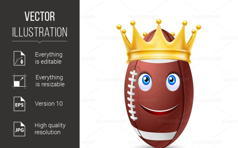 Download Vector "Golden Crown on  Ball Rugby - Vector Image" / Golden Crown on  Ball Rugby - Vector Image - Vector на тему графика ball,rugby,golden,crown,king,sport,face,realistic,single,smile,stitch,treasure,luxury,authority,royalty,element,oval,football,mascot,vector