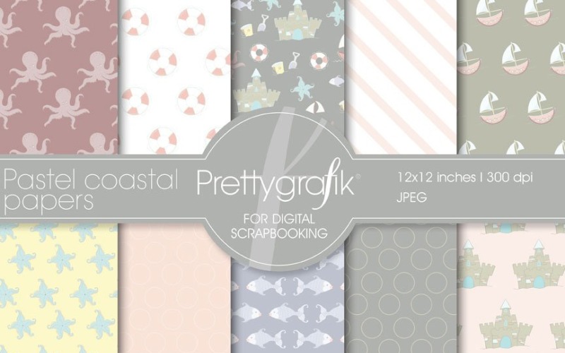 Download Vector "Pastel Coastal Digital Paper - Vector Image" / Pastel Coastal Digital Paper - Vector Image - Vector на тему графика scrapbooking,beach,fish,patterns,octopus,digital papers,digital art,digital scrapbooking