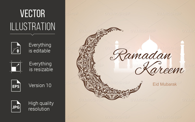 Download Vector "Ramadan Kareem Greeting Card - Vector Image" / Ramadan Kareem Greeting Card - Vector Image - Vector на тему графика ramadan,greeting,card,kareem,brown,ornate,crescent,month,white,mosque,beige,background,holy,muslim,asian,islamite,pattern,celebration,culture,temple