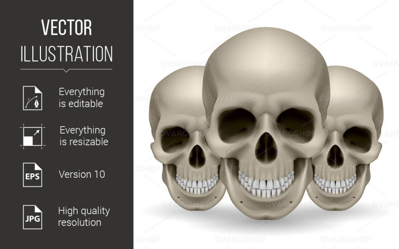 Download Vector "Three Skulls - Vector Image" / Three Skulls - Vector Image - Vector на тему графика three,skull,skulls,background,white,horrid,dangerous,die,devil,fatal,disaster,spooky,concept,mystic,idea,dead,murder,scary,evil,hell