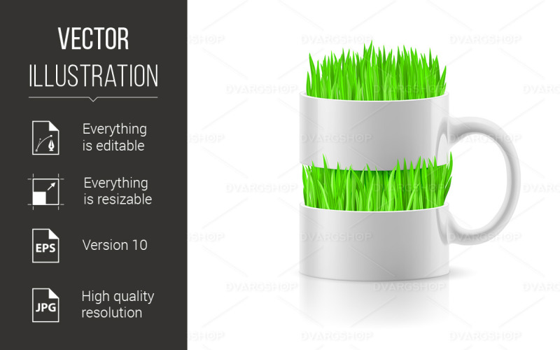 Download Vector "White Mug with Insertion of Grass - Vector Image" / White Mug with Insertion of Grass - Vector Image - Vector на тему графика mug,white,grass,with,background,concept,green,design,dishware,space,print,nobody,container,decorative,drink,symbol,universal,crockery,isolated,info