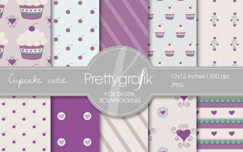 Download Vector "Cupcake Cutie Digital Paper - Vector Image" / Cupcake Cutie Digital Paper - Vector Image - Vector на тему графика scrapbooking,heart,dessert,cherry,patterns,digital papers,digital art,digital scrapbooking