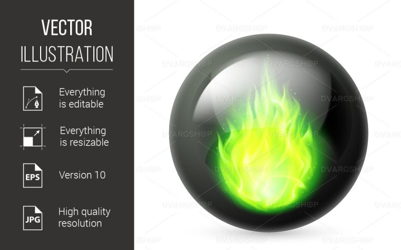 Download Vector "Sphere with Fire Flames - Vector Image" / Sphere with Fire Flames - Vector Image - Vector на тему графика sphere,fire,black,flames,with,green,inside,white,eruption,ball,gas,backdrop,vector,isolated,shiny,hot,blank,icon,design,future