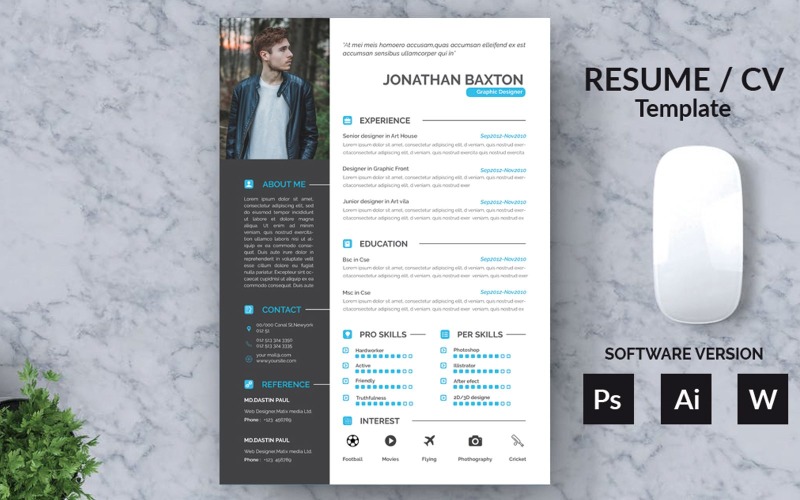 Download Резюме "Word Resume Template" / Word Resume Template - Резюме на тему графика black,blue,clean,clean resume,creative,cv,cv clean,cv template,design,elegant,elegant resume,female,female resume,feminine,indesign,infographic,microsoft word,minimalist,modern,modern resume
