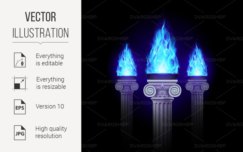 Download Vector "Columns with Blue Fire - Vector Image" / Columns with Blue Fire - Vector Image - Vector на тему графика fire,column,blue,three,with,mystic,darkness,ancient,cup,olympic,pillar,ritual,fiery,victory,gas,design,energy,background,competition,contrast