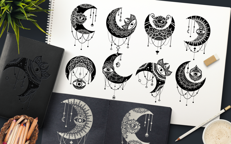 Download Vector "Crescent Moon Eyes Clipart Set - Vector Image" / Crescent Moon Eyes Clipart Set - Vector Image - Vector на тему графика demilune,crescent,moon,half,boho,tattoo,mandala,sacred,doodle,ethnic,tribal,bohemian,curve,indian,vignette,zentangle,astronomy,celestial,moonlight,yoga