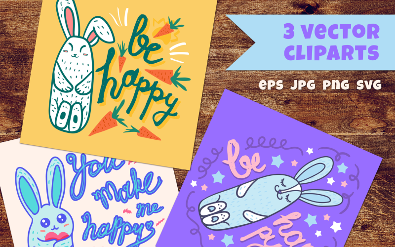 Download Vector "Happy Rabbits Clipart Set - Vector Image" / Happy Rabbits Clipart Set - Vector Image - Vector на тему графика card,happy,lettering,handwriting,doodle,vector,set,love,motivation,bunny,phrase,romantic,easter,cute,gift,illustration,rabbit,template,birthday,valentine