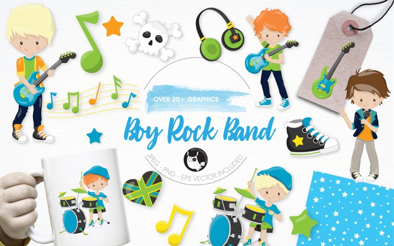 Download Vector "Boy Rock Band Illustration Pack - Vector Image" / Boy Rock Band Illustration Pack - Vector Image - Vector на тему графика illustration,vector,graphics,clipart,stars,clip art,rock,guitar,icons,skull,band,drums,microphone,eps,singer,prettygrafik,boys,drummer,guitarist,musical notes,head phones