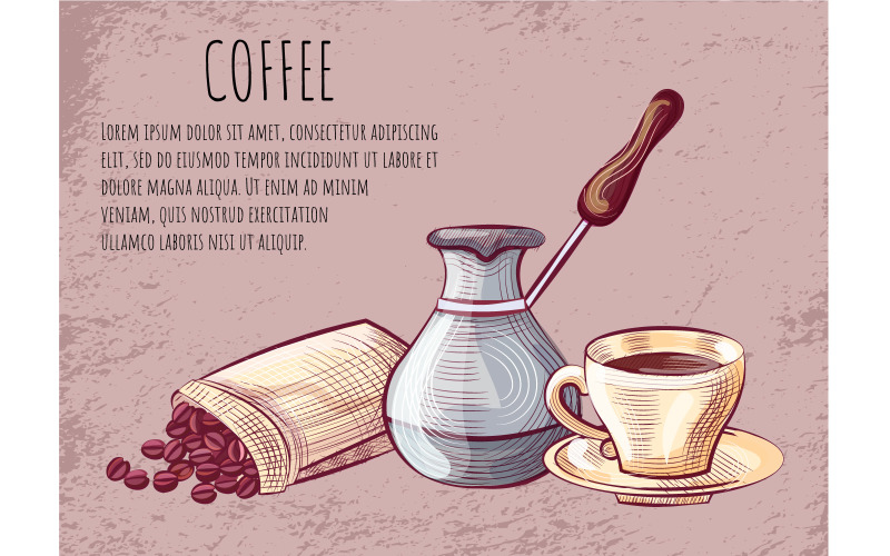 Download Vector "Cup of Coffee, Beans and Pot Tool, Postcard - Vector Image" / Cup of Coffee, Beans and Pot Tool, Postcard - Vector Image - Vector на тему еда и ресторан coffee,pot,shop,cup,vector,drawing,aroma,mug,espresso,cappuccino