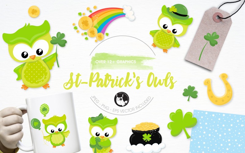 Download Vector "St-Patrick's Owls Illustration Pack - Vector Image" / St-Patrick's Owls Illustration Pack - Vector Image - Vector на тему графика illustration,vector,graphics,clipart,clip art,icons,owl,eps,prettygrafik,pot of gold,st-patricks day,four leaf clover,clover leaf