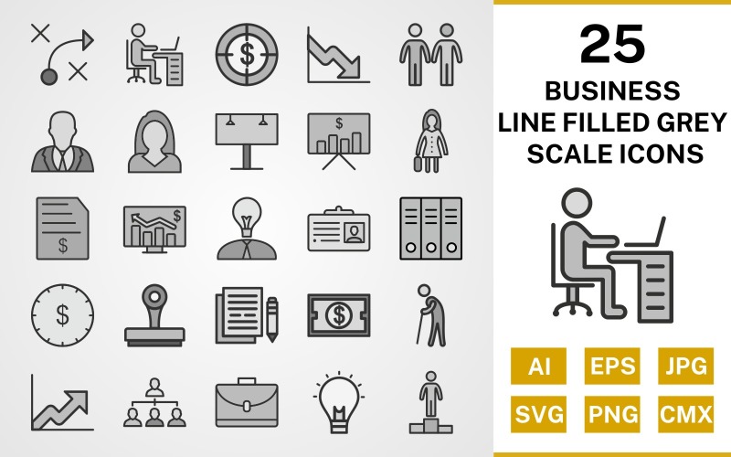 Download Набор иконок "25 Business Line Filled Greyscale Icon Set" / 25 Business Line Filled Greyscale Icon Set - Набор иконок на тему business set,file,icon,icons,line,filled,vector,sign,symbol,pictogram,greyscale,business,workspace,invoice,billboard,files,growth,idea,success,stamp