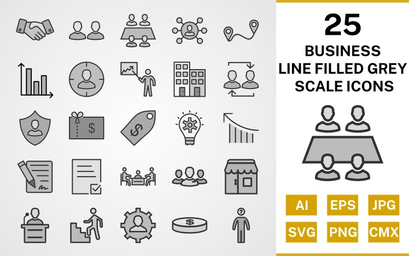 Download Набор иконок "25 Business Line Filled Greyscale Icon Set" / 25 Business Line Filled Greyscale Icon Set - Набор иконок на тему business set,file,icon,icons,line,filled,vector,sign,symbol,pictogram,greyscale,business,office,shop,speech,decison making,route,handshake,management,working team