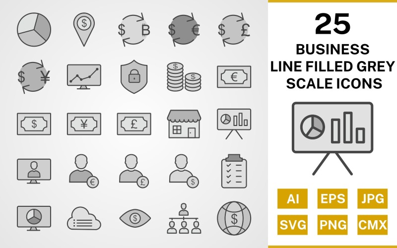 25 Business Line gevuld grijswaarden Icon Set