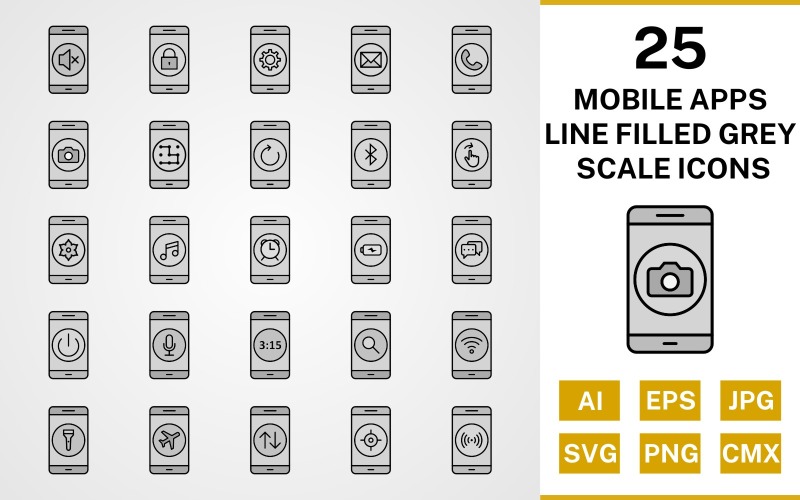Conjunto de iconos de escala de grises llenos de línea de 25 aplicaciones móviles