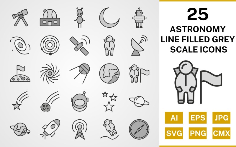 25 conjunto de iconos de escala de grises llenos de línea de astronomía