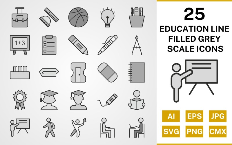 Conjunto de iconos de escala de grises llenos de línea de educación 25