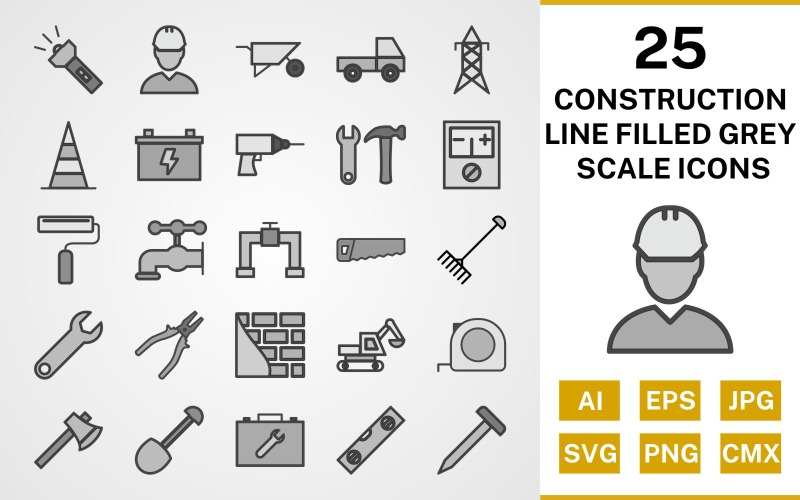 Download Набор иконок "25 Construction Line Filled Greyscale Icon Set" / 25 Construction Line Filled Greyscale Icon Set - Набор иконок на тему industrial set,file,icon,icons,line,filled,vector,sign,symbol,pictogram,greyscale,construction,engineer,loader,tools,tool box,drill,paint roller,pipe,saw