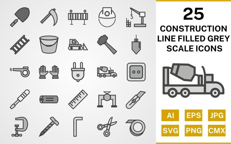 Download Набор иконок "25 Construction Line Filled Greyscale Icon Set" / 25 Construction Line Filled Greyscale Icon Set - Набор иконок на тему industrial set,file,icon,icons,line,filled,vector,sign,symbol,pictogram,greyscale,construction,trowel,ladder,bucket,vise,ruler,helmet,hammer,bulldozer